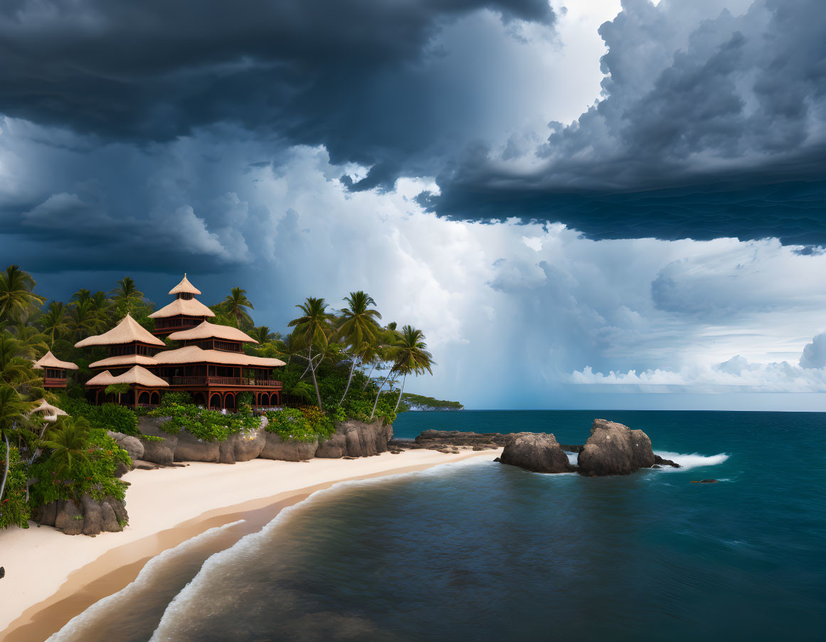 Traditional architecture at tropical beach resort under dramatic stormy sky