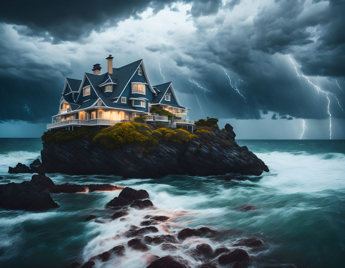 Victorian-style house on rocky island during stormy night