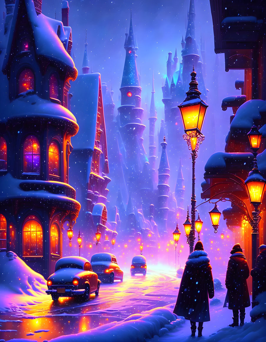 Snow-covered magical town with illuminated Victorian buildings and glowing street lamp at night