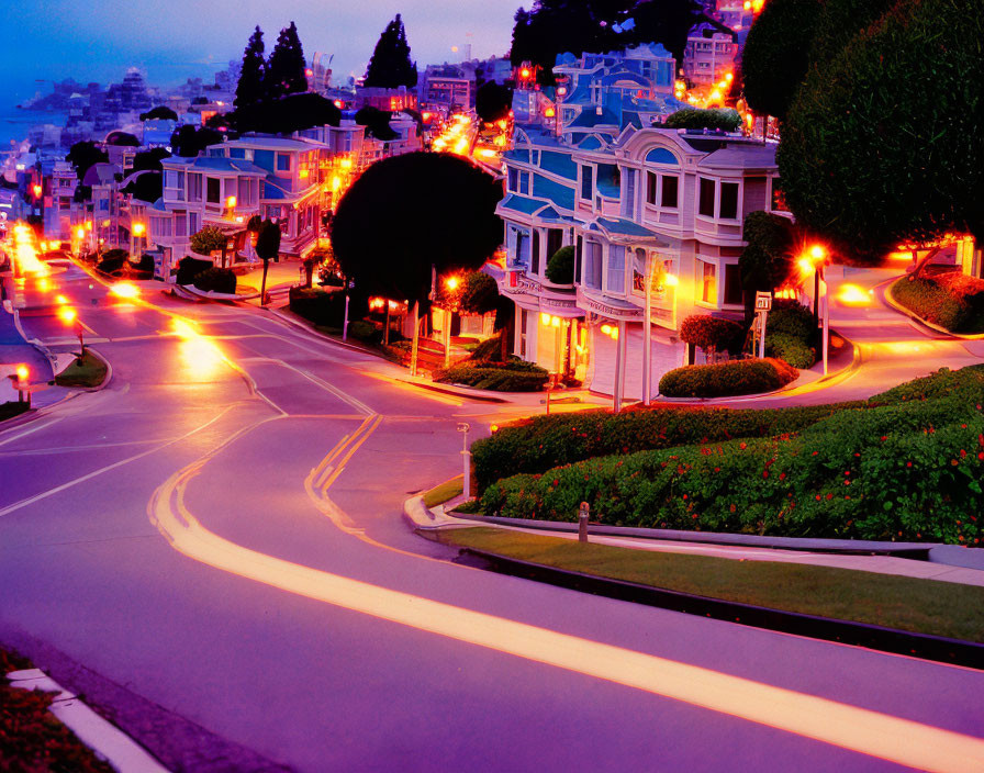 Serene urban landscape at twilight with illuminated houses and lush greenery