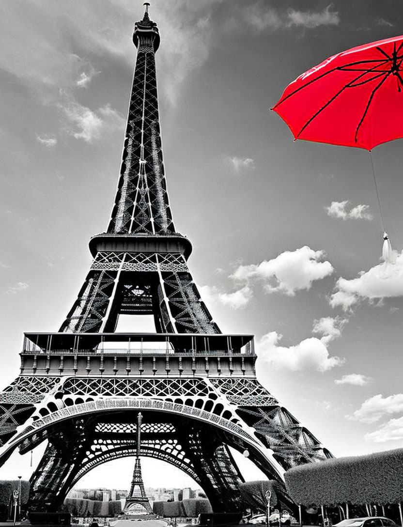 Monochrome Eiffel Tower photo with red umbrella pop