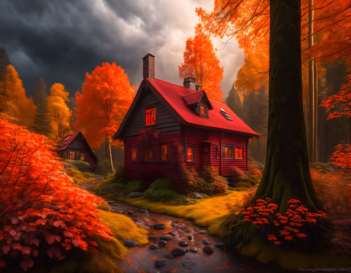 Vibrant red wooden house in autumn landscape with fiery foliage and gentle stream.