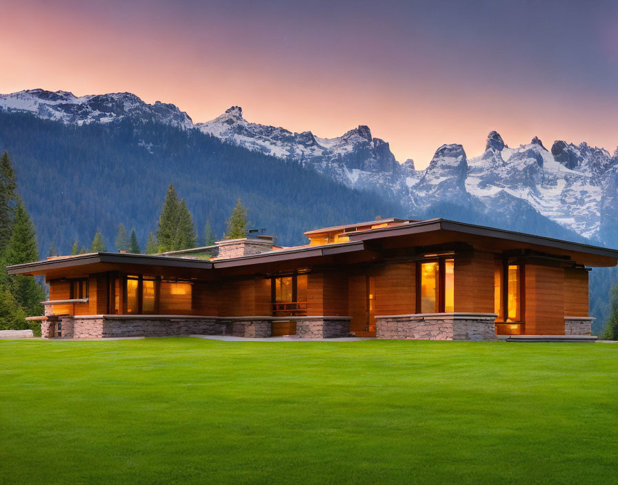 Modern Wooden House with Lit Interiors on Lush Lawn and Snow-Capped Mountains