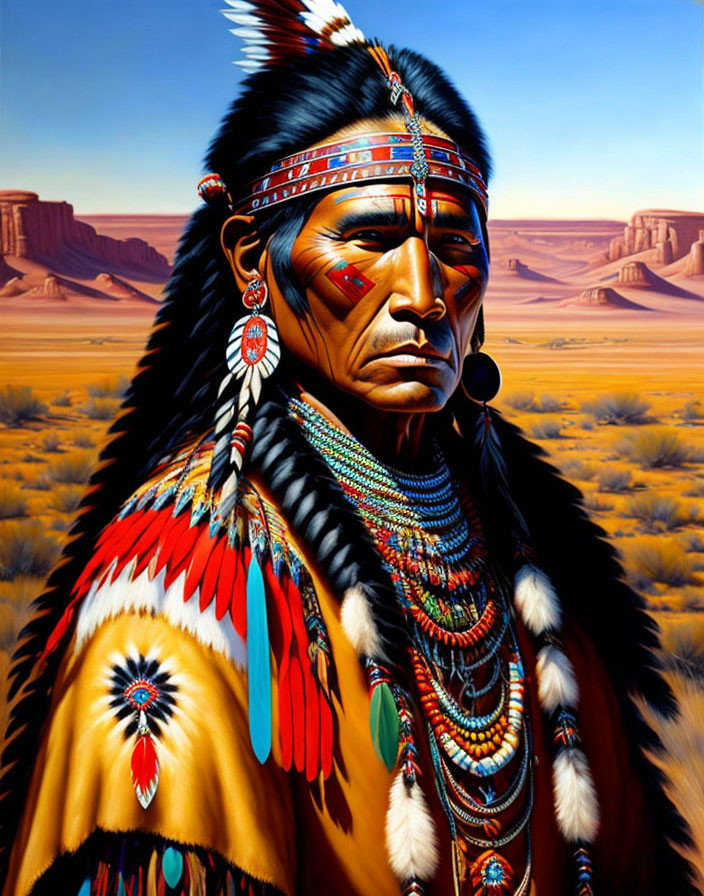 Native American person in ceremonial attire against desert mesas