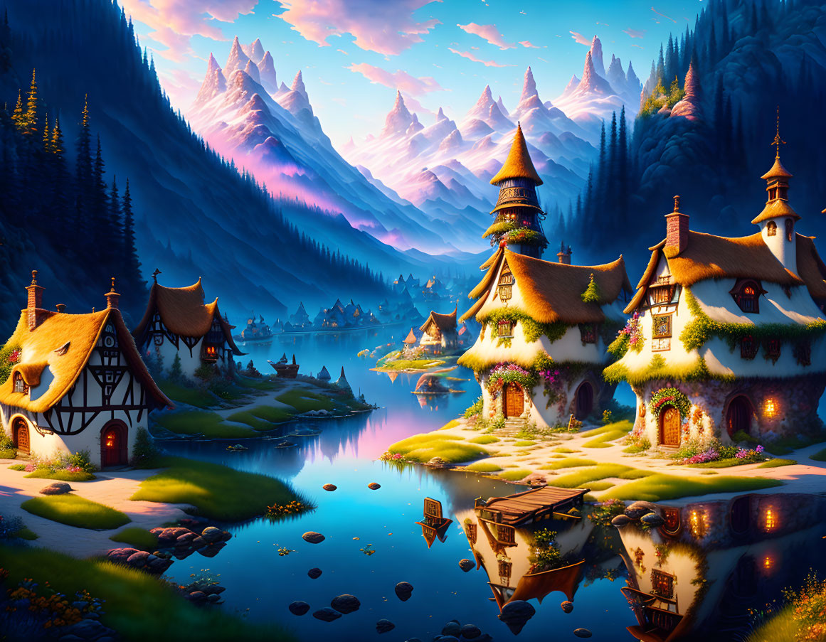 Fantasy landscape: Thatched cottages, serene lake, purple mountains, vibrant sunset