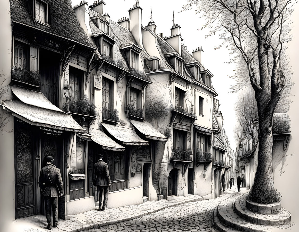 Monochrome illustration of historic European cobblestone street