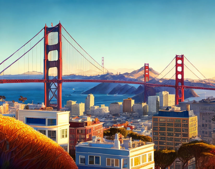 Iconic Golden Gate Bridge with San Francisco cityscape and hills against clear sky