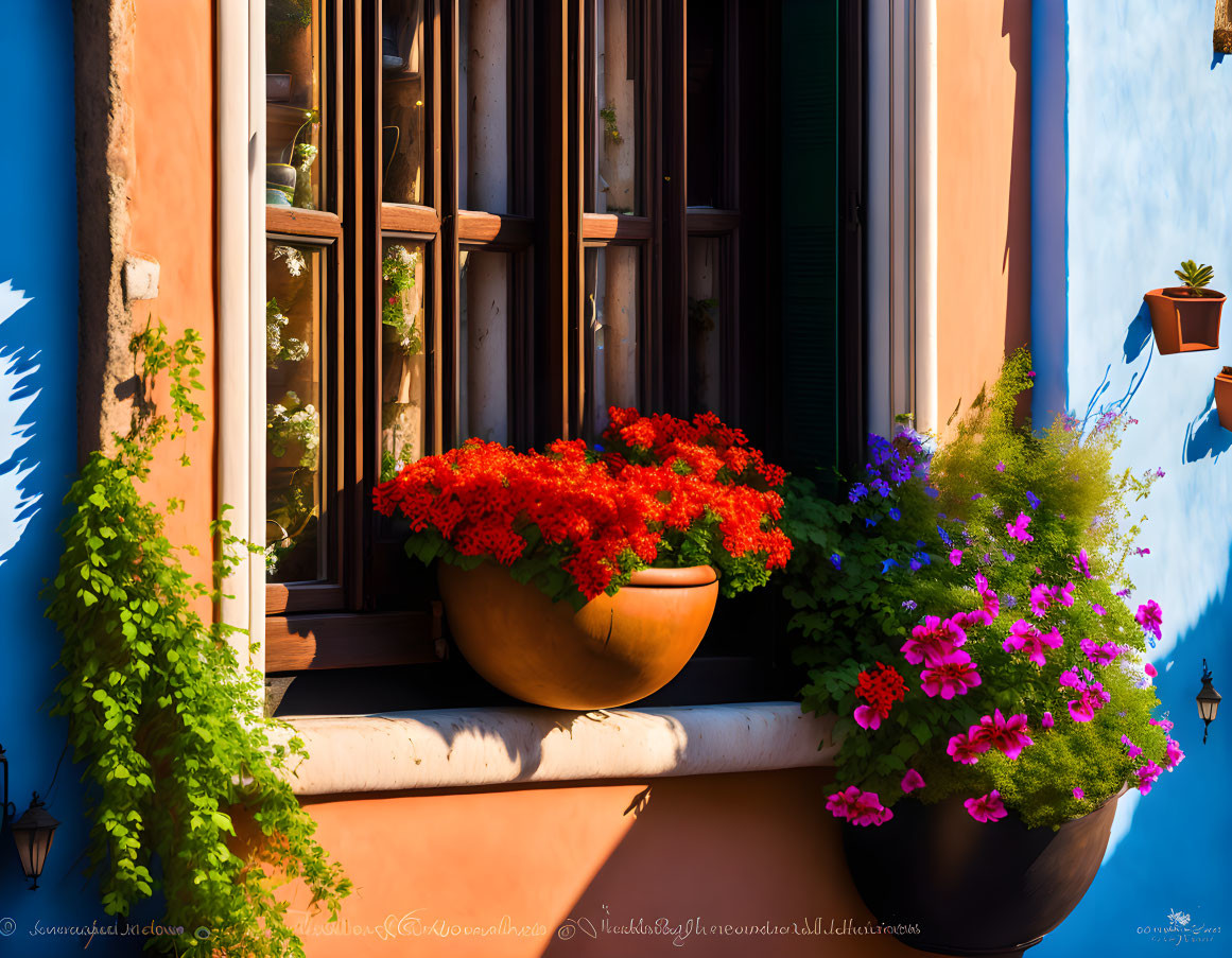 Colorful Window Scene with Terracotta Planter and Flowers