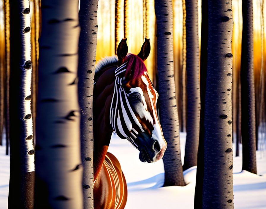 Zebra in snowy forest at sunset among thin trees