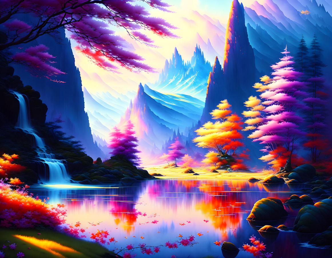 Colorful Trees, Serene Lake, Waterfalls: Fantastical Landscape Art