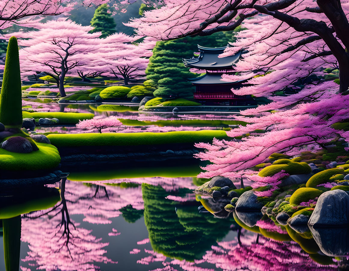 Japanese Garden with Pink Cherry Blossoms and Pond