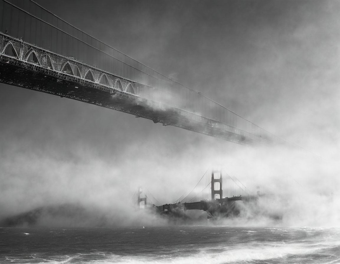 Monochromatic image of Golden Gate Bridge in thick fog