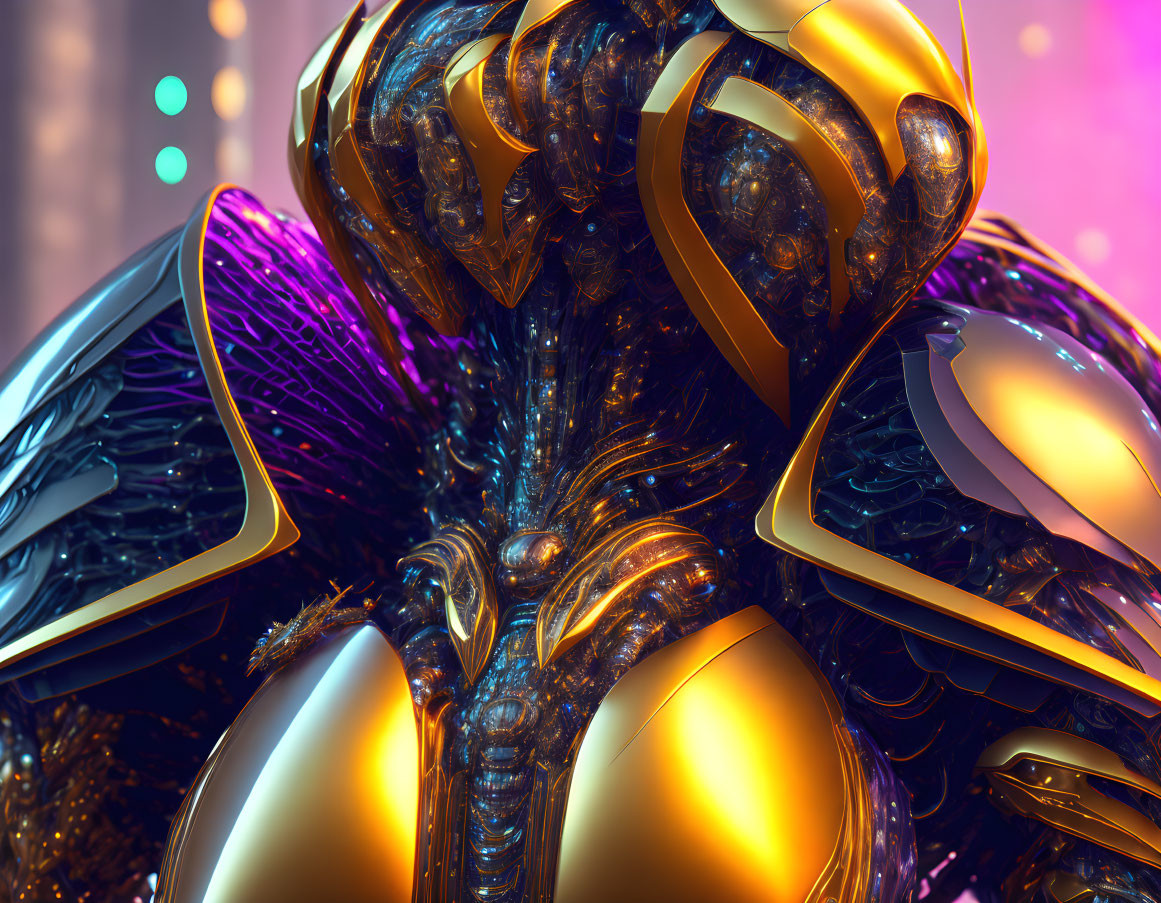 Detailed Close-Up of Futuristic Golden and Black Armored Entity on Bokeh Background