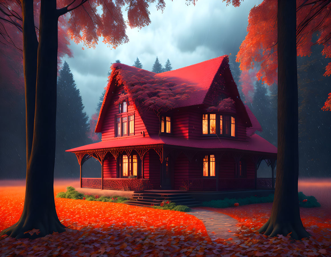 Red Wooden House in Autumn Forest Twilight Sky