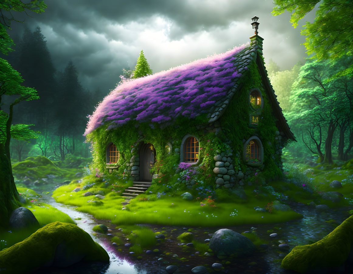 Quaint Cottage with Purple-Thatched Roof in Lush Greenery