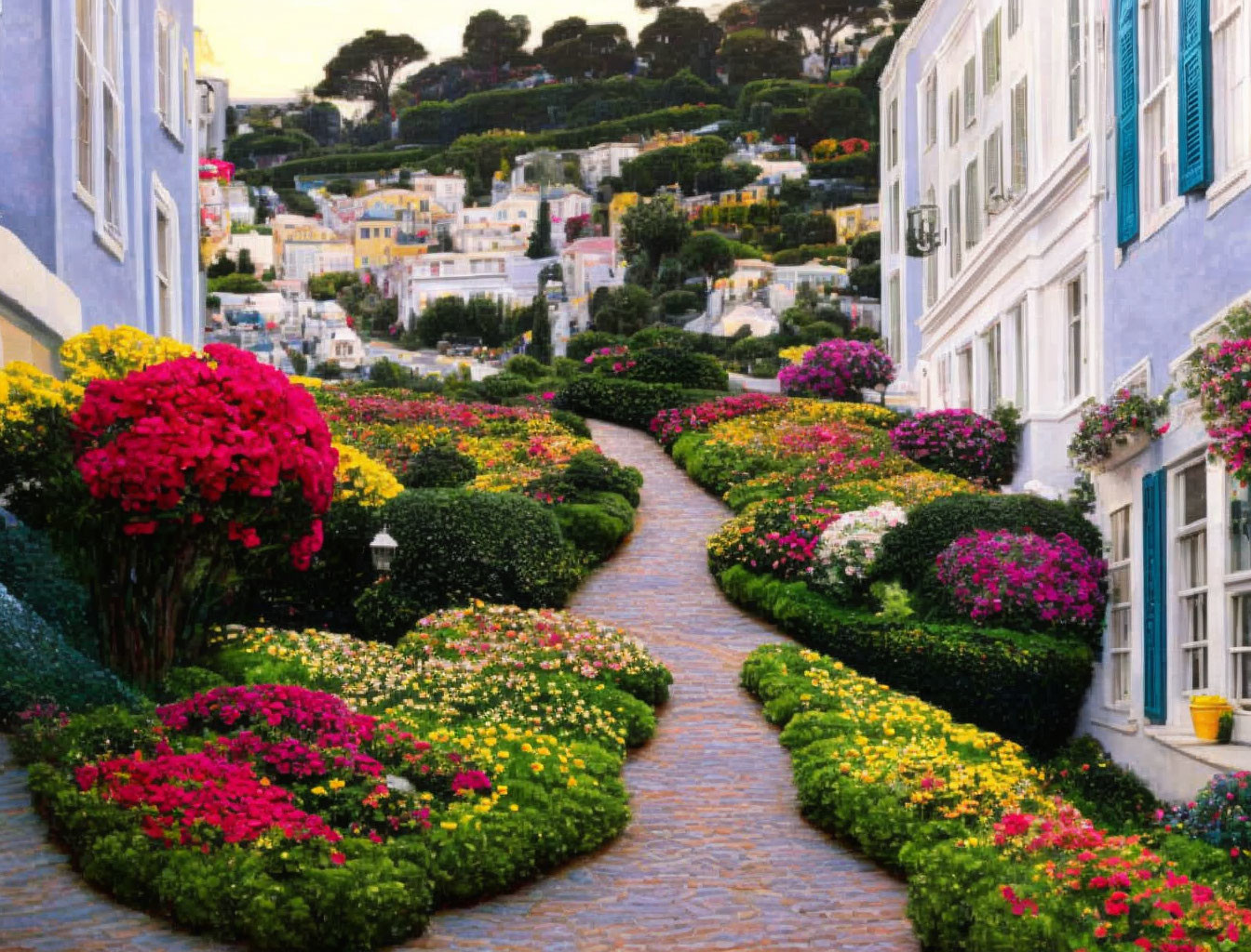 Scenic cobblestone path with flowerbeds and pastel buildings at dusk or dawn