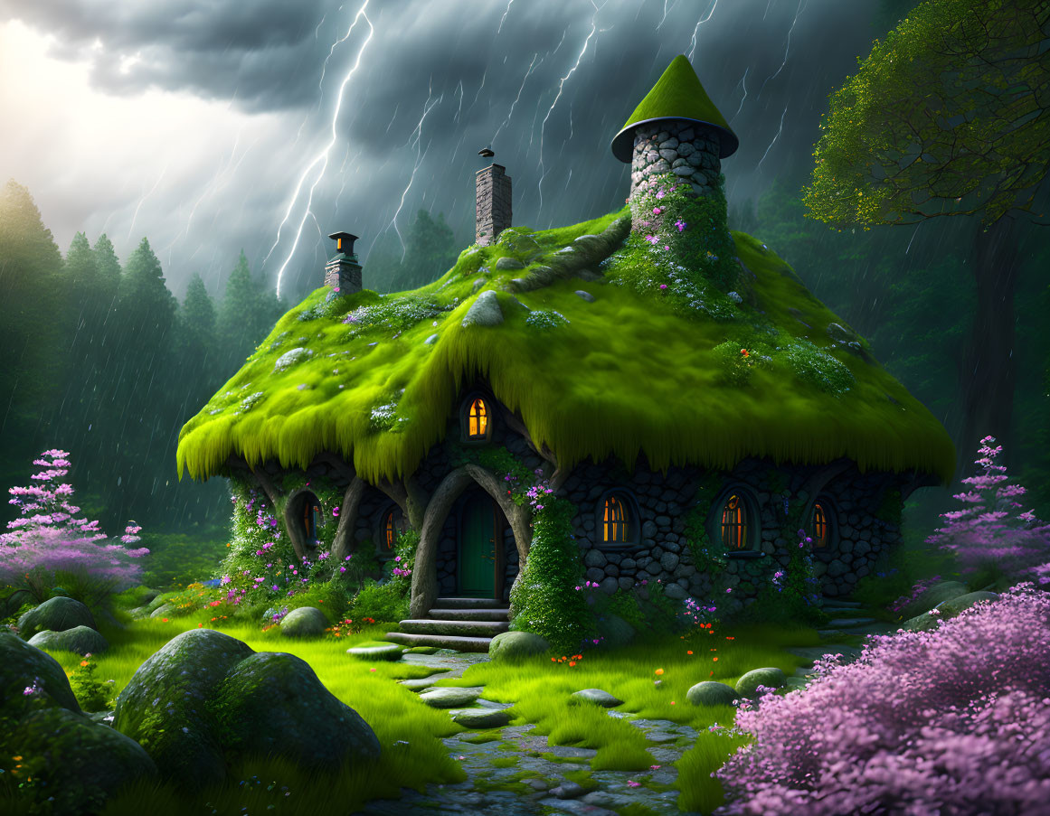 Forest Cottage with Moss-Covered Roof and Glowing Windows amid Purple Flowers and Stormy Sky