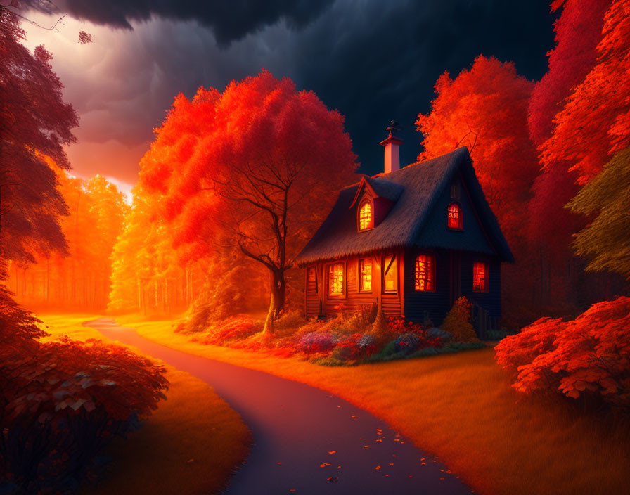 Cozy Cottage in Autumn Forest with Glowing Windows