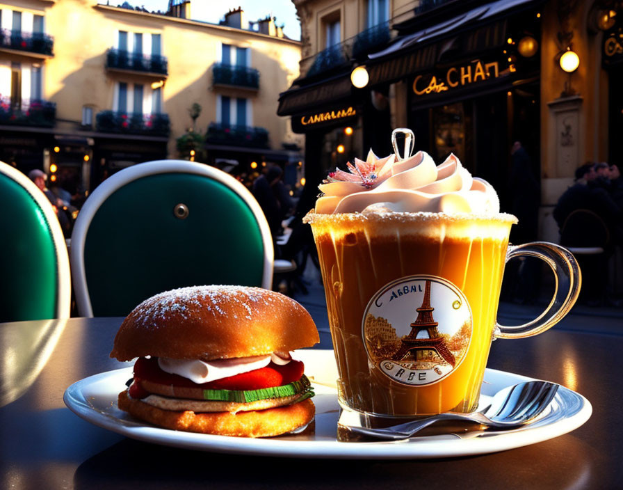 Coffee with Eiffel Tower design and sandwich in café setting with sunlight glow