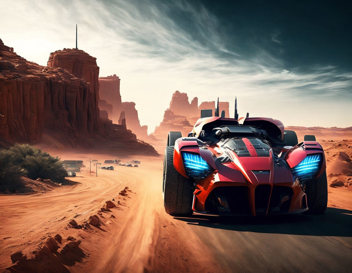 High-performance sports car on desert road with sandstone formations