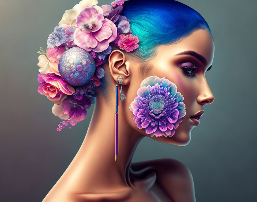 Woman with Blue Hair and Vibrant Flower Headpiece on Grey Background