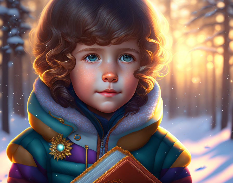 Child with curly hair in winter coat holding book in snowy forest