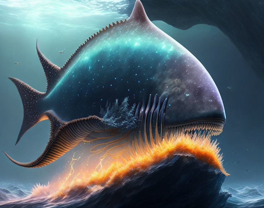 Star-filled Cosmic Whale Gliding in Surreal Ocean