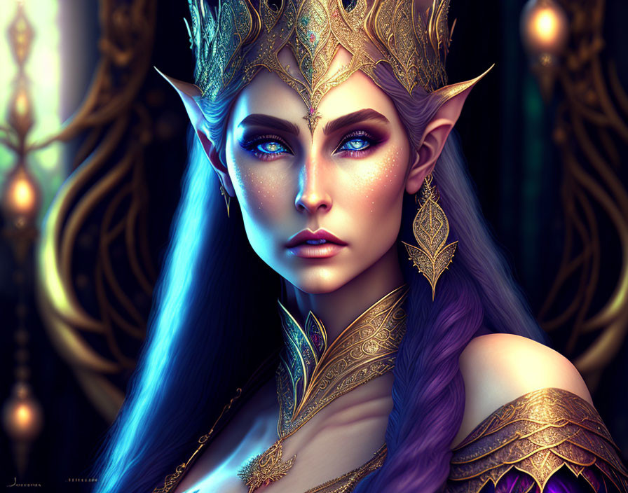 Fantasy elf digital art with gold crown and purple hair