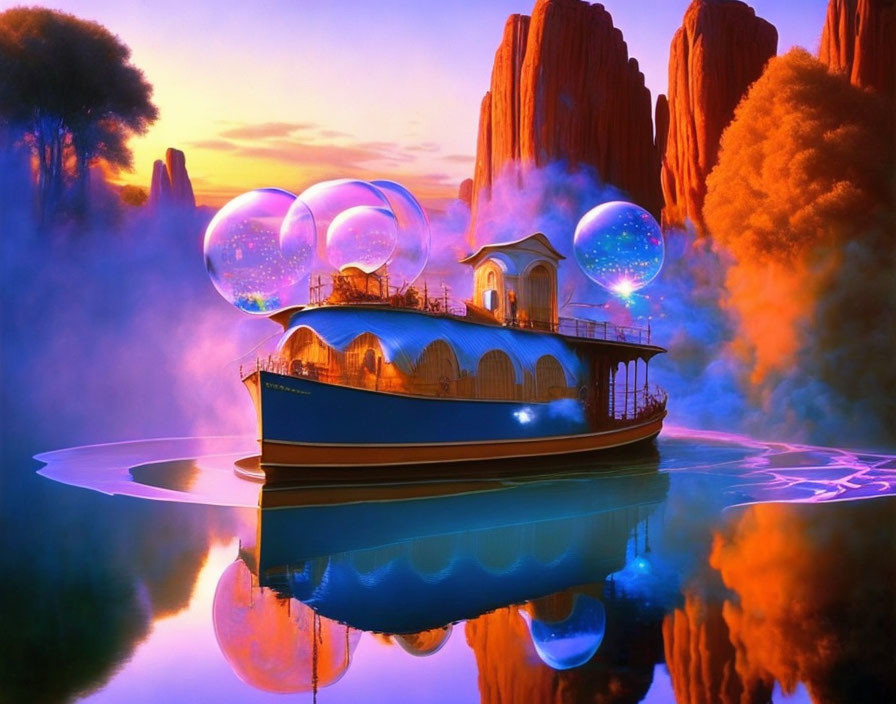 Fantastical boat with bubble-like structures on serene water in vibrant landscape