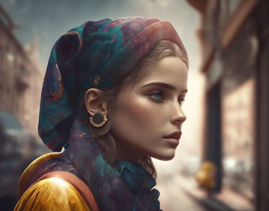 Vibrant digital portrait of woman with blue eyes and headscarf