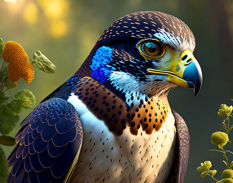 Detailed close-up of peregrine falcon plumage and sharp beak in natural setting