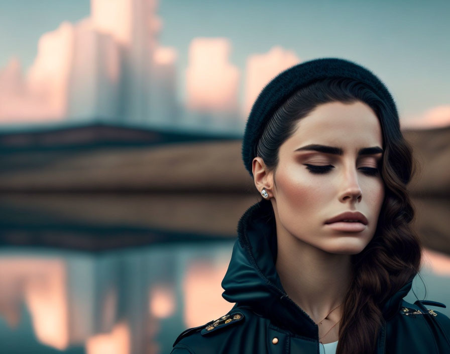 Brown-haired woman in black beanie and jacket gazes contemplatively at dusk cityscape.