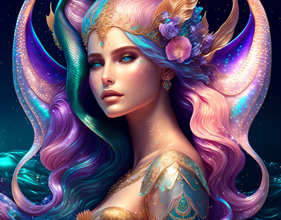 Multicolored hair woman with celestial crown in cosmic fantasy scene