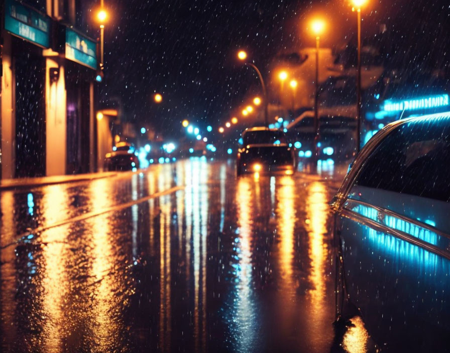 Urban street at night with glowing streetlights and wet asphalt