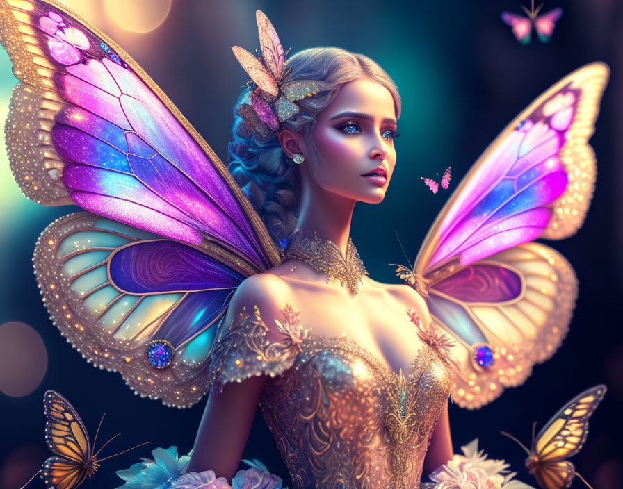 Fantasy illustration of woman with iridescent butterfly wings and golden dress.