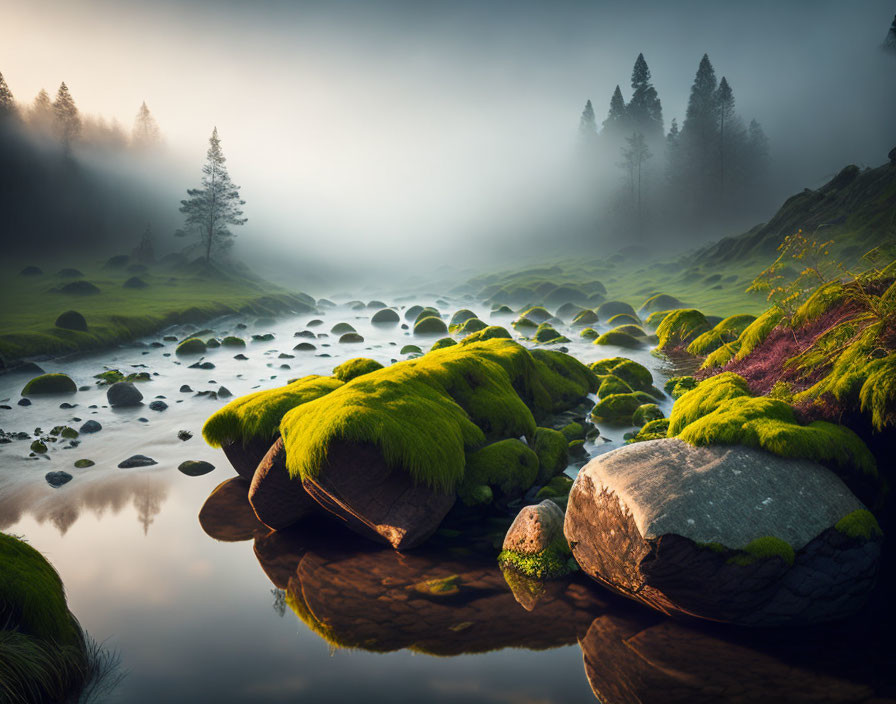 Serene river in lush forest with moss-covered rocks and sunlight.