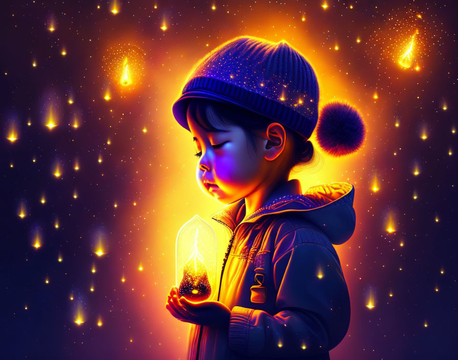 Child in winter attire holds lantern in golden light against starry backdrop