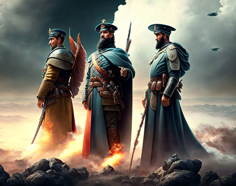 Three soldiers in ornate uniforms with swords in front of fiery backdrop and futuristic airships above rocky terrain