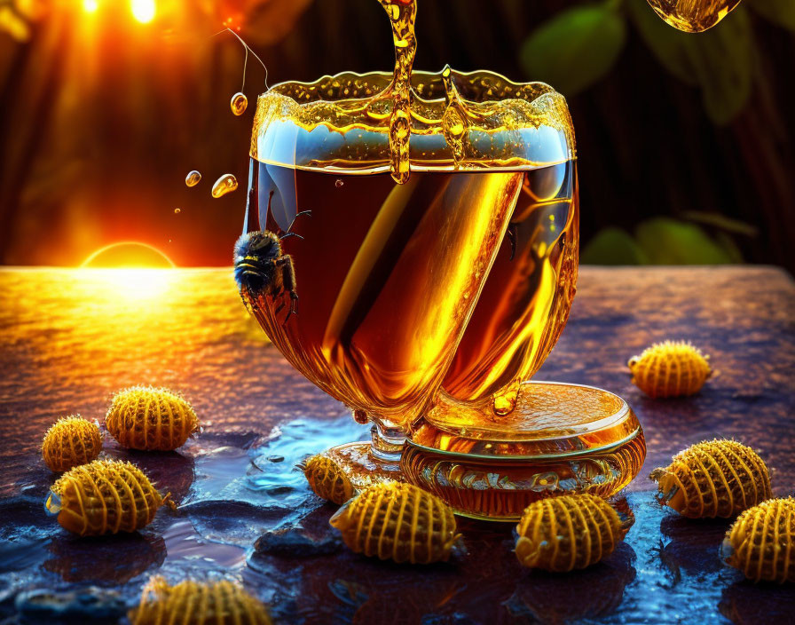 Amber honey flowing into glass jar with bee and honeycombs in sunlight