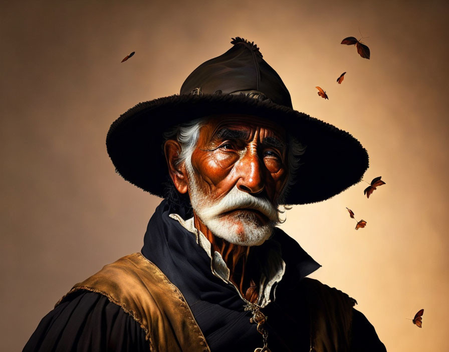 Elderly man in wide-brimmed hat and cloak gazes with swirling leaves