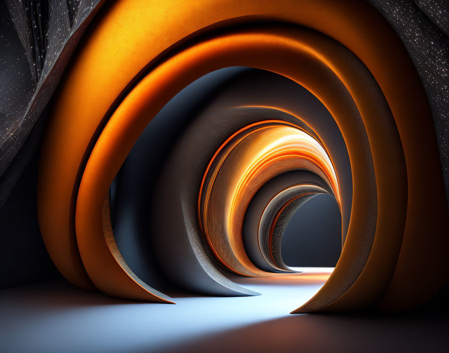 Abstract 3D digital art: Orange and black concentric arches with warm glow