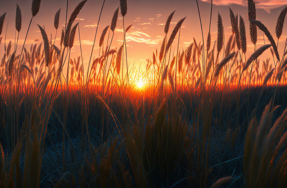 Vibrant sunset over golden wheat field and tall silhouetted stalks