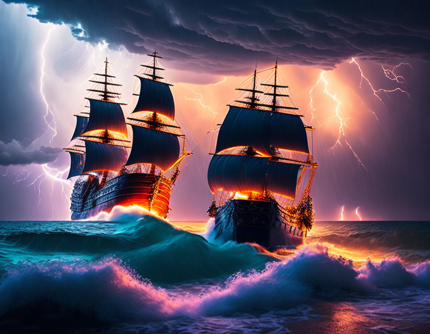 Tall ships navigating turbulent seas under dramatic stormy sky