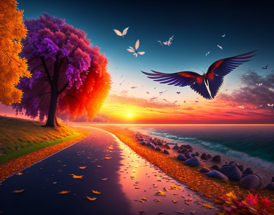 Colorful Tree-lined Path and Sunset by the Sea with Butterfly