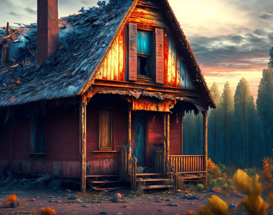 Abandoned two-story wooden house with damaged roof and overgrown foliage at dusk