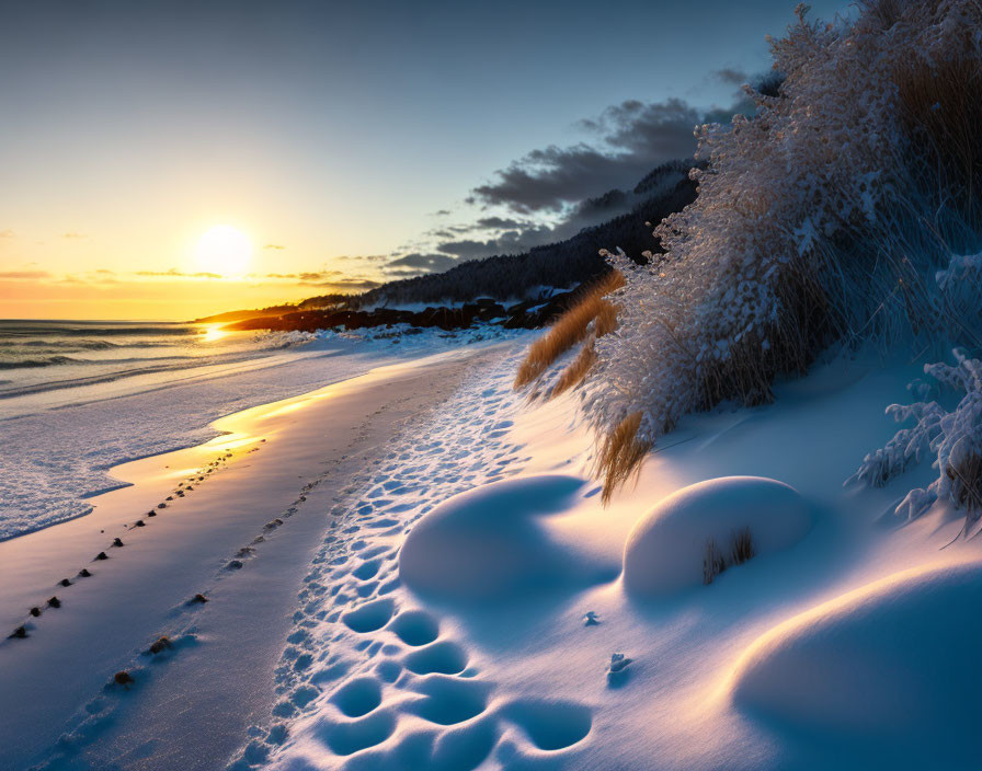 Snowy Beach Sunset with Footprints and Forested Hill