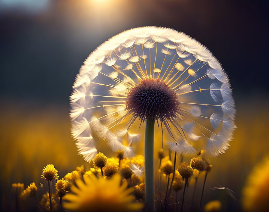 Backlit dandelion seed head on golden floral background