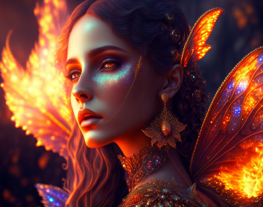 Mystical woman with orange butterfly wings and golden jewelry on dark backdrop