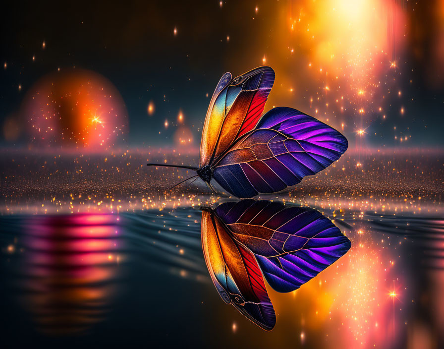 Colorful Butterfly Reflection on Water with Glowing Lights