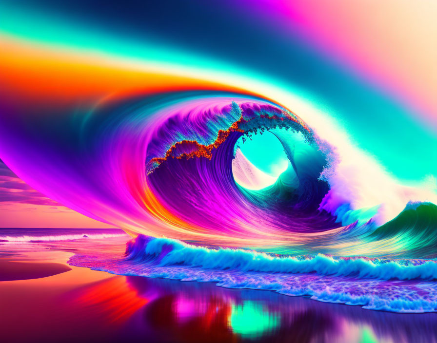 Neon-colored wave against surreal sunset sky